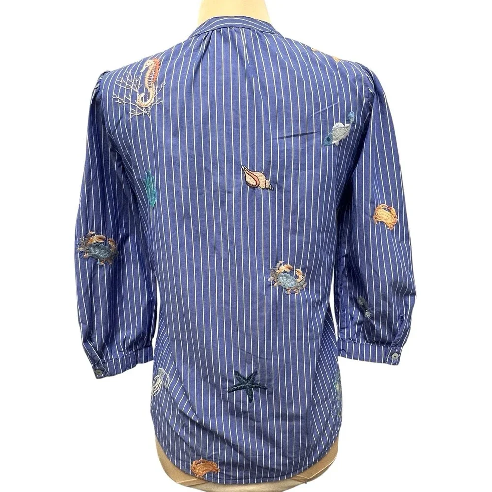 Johnny Was Workshop Striped Blue Embroidered Seashells Ocean Shirt XS Blouse